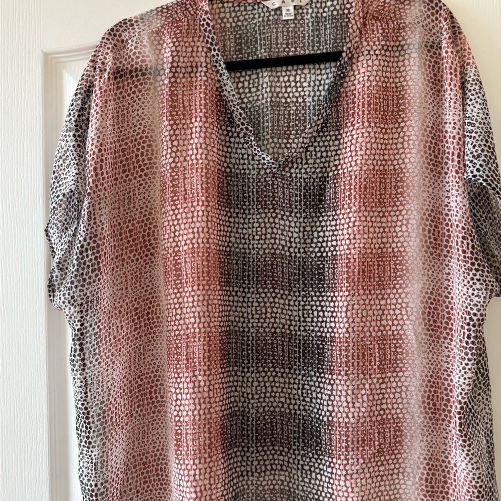 CAbi Pink and Black Patterned V-Neck Blouse
